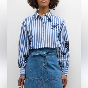 TANYA TAYLOR Davina Floral Stripe Shirt Medium Oxford Blue Academia White Size M
